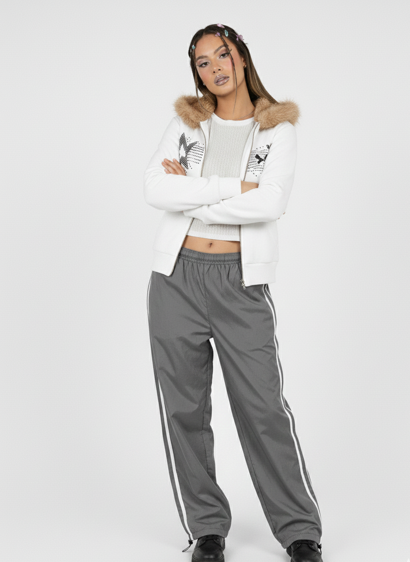 Diamond fur collar dual zip hoodie