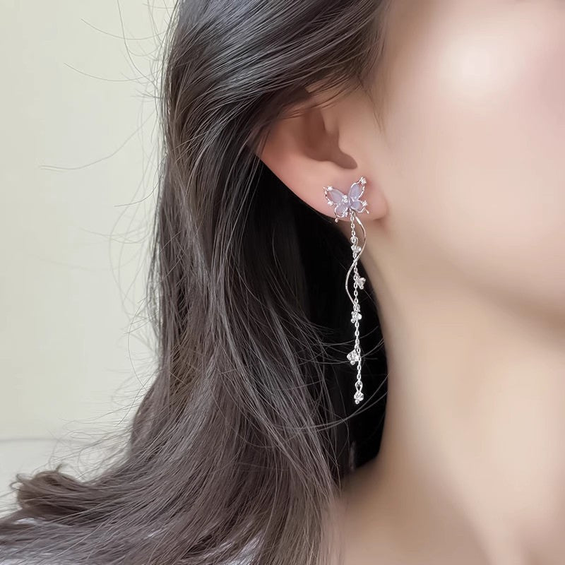 925 silver needle purple butterfly earrings