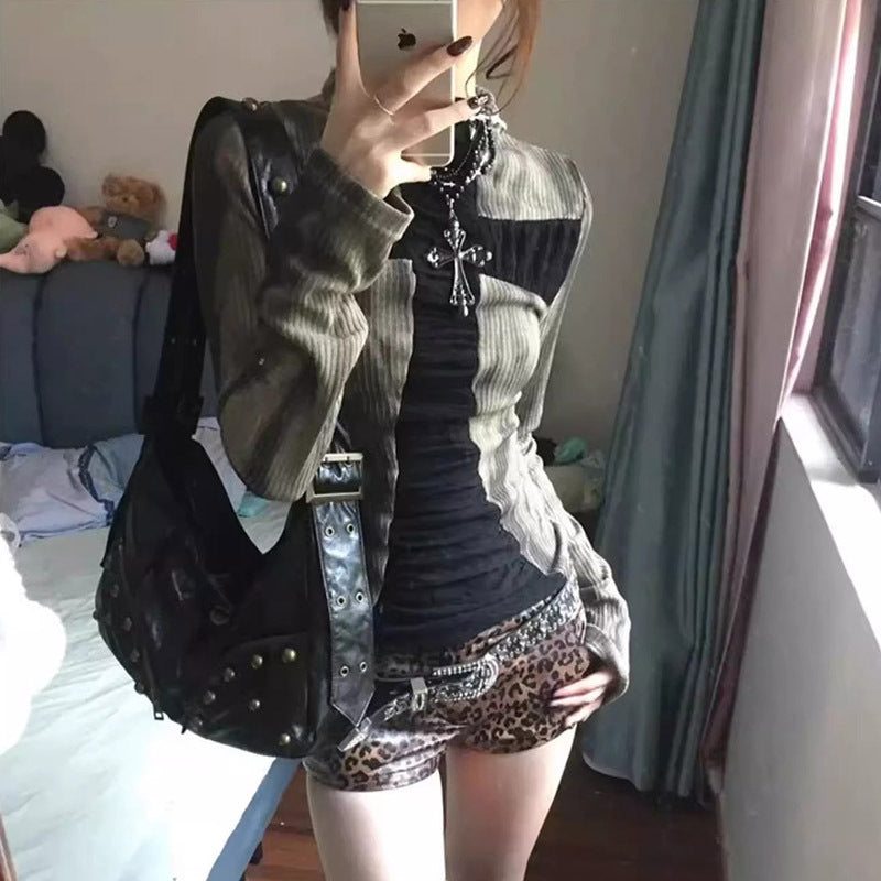 Spring and Autumn Women's New Y2K Babes Millennial Retro Punk Cross Contrast Stitch Long Sleeve T-Shirt Top