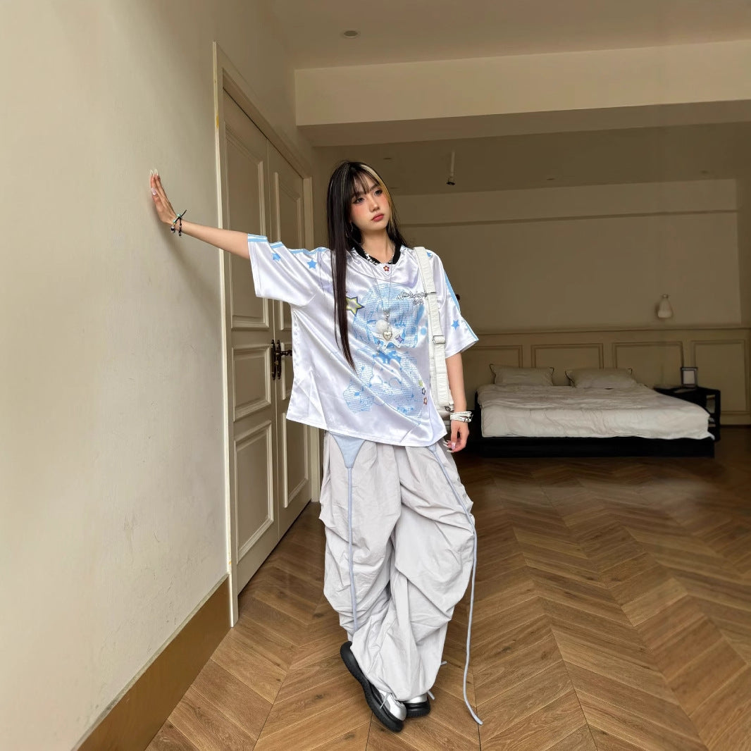 Cartoon Girl Jersey Short Sleeve Women's Summer Y2K Printed Loose T-Shirt Stitched V-Neck Casual Niche Top