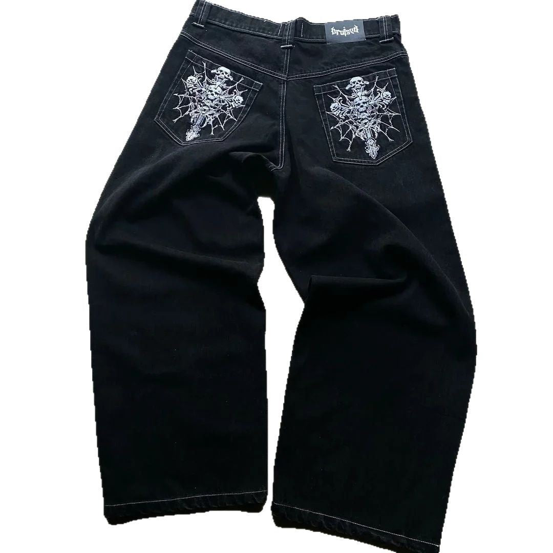 Skull Cross Embroidered Straight Wide-Leg Jeans Men's and Women's Y2K Dark Trend Loose Hip Hop Floor-Length Pants