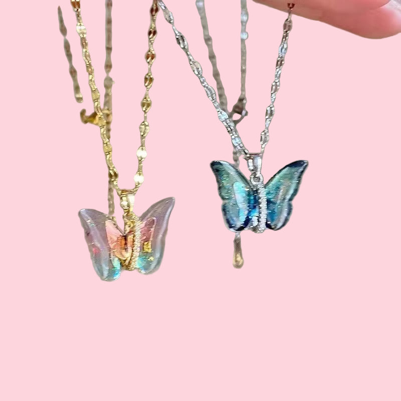 Colourful butterfly necklace silver golden pink blue y2k cute kawaii