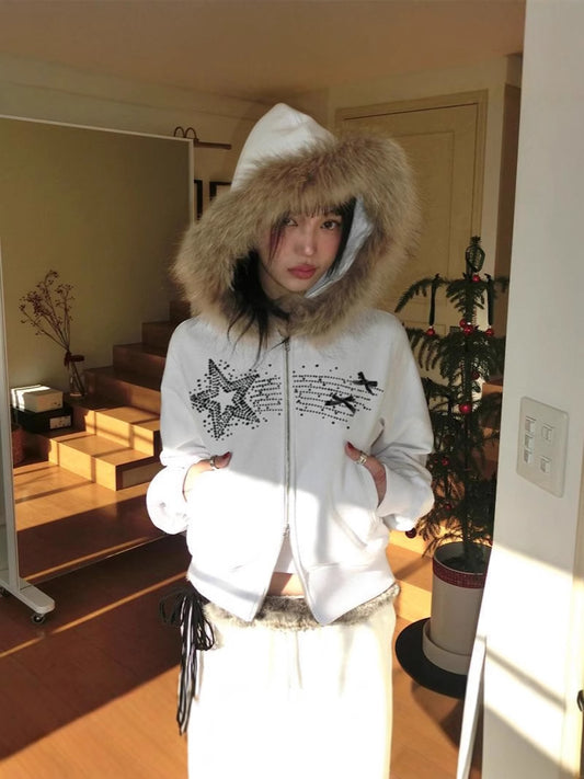 Harajuku millennial style babes with fur collar hot diamond retro autumn and winter women's double-ended zipper jacket looks thin and versatile hooded sweatshirt