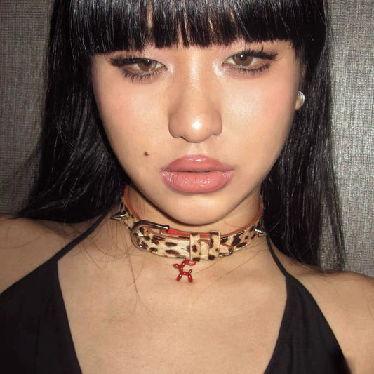 Leopard horsehair red puppy choker niche collar Y2K sweet cool babes design punk leather neckband