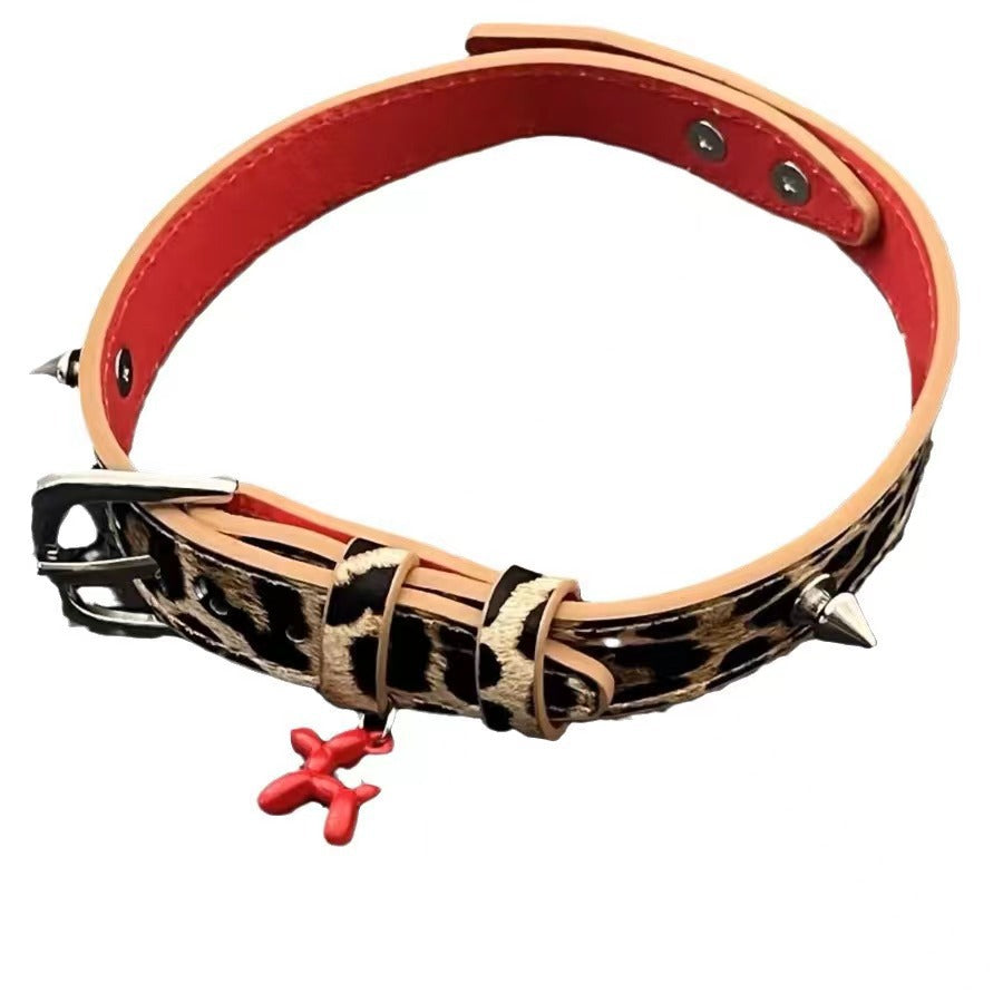 Leopard horsehair red puppy choker niche collar Y2K sweet cool babes design punk leather neckband