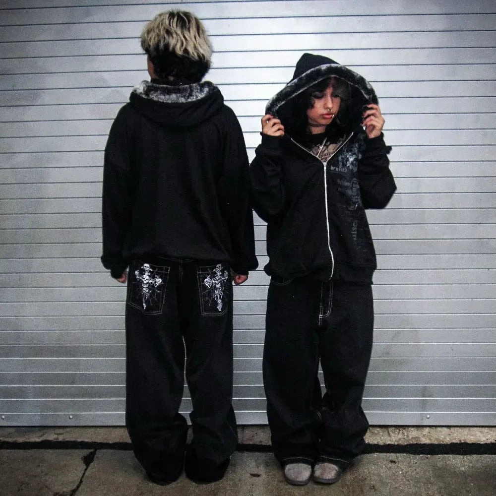 Skull Cross Embroidered Straight Wide-Leg Jeans Men's and Women's Y2K Dark Trend Loose Hip Hop Floor-Length Pants