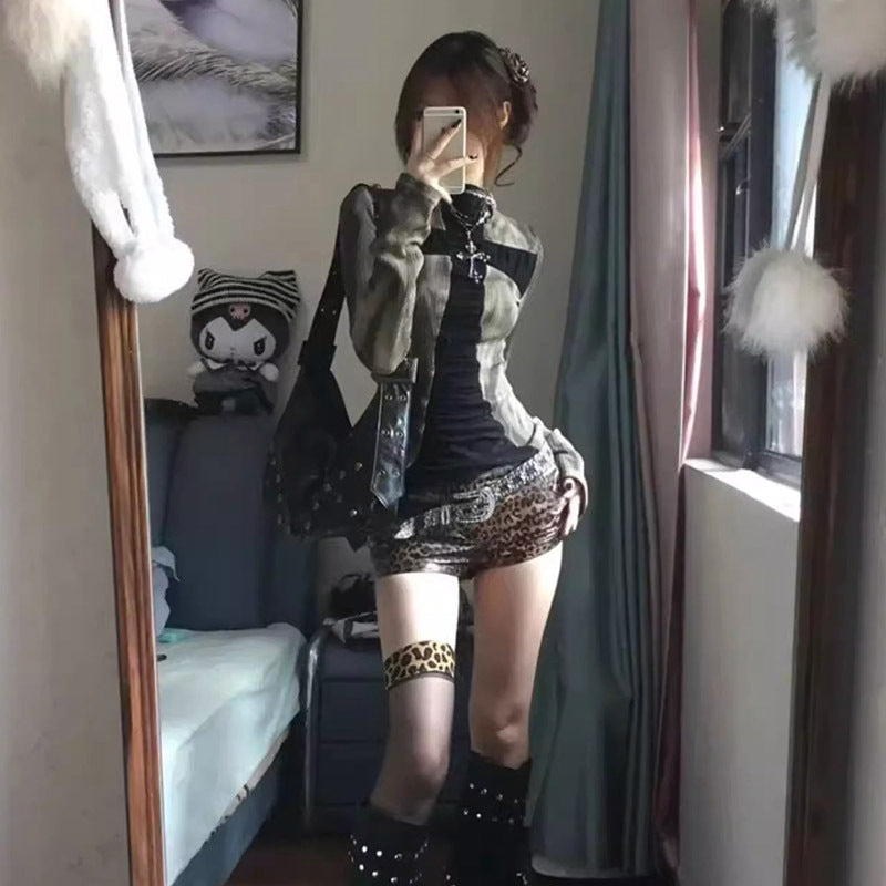 Spring and Autumn Women's New Y2K Babes Millennial Retro Punk Cross Contrast Stitch Long Sleeve T-Shirt Top