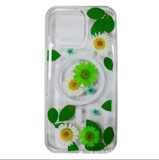 Daisy real flower magnetic for iPhone dry flower drip glue magnetic phone case
