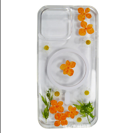 Daisy real flower magnetic for iPhone dry flower drip glue magnetic phone case