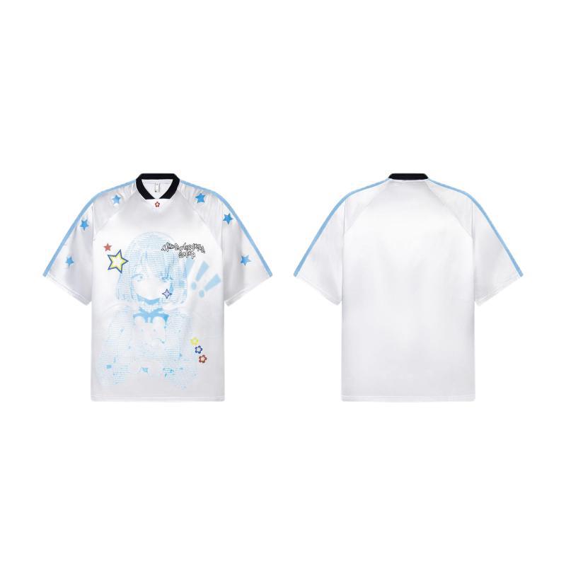 Cartoon Girl Jersey Short Sleeve Women's Summer Y2K Printed Loose T-Shirt Stitched V-Neck Casual Niche Top