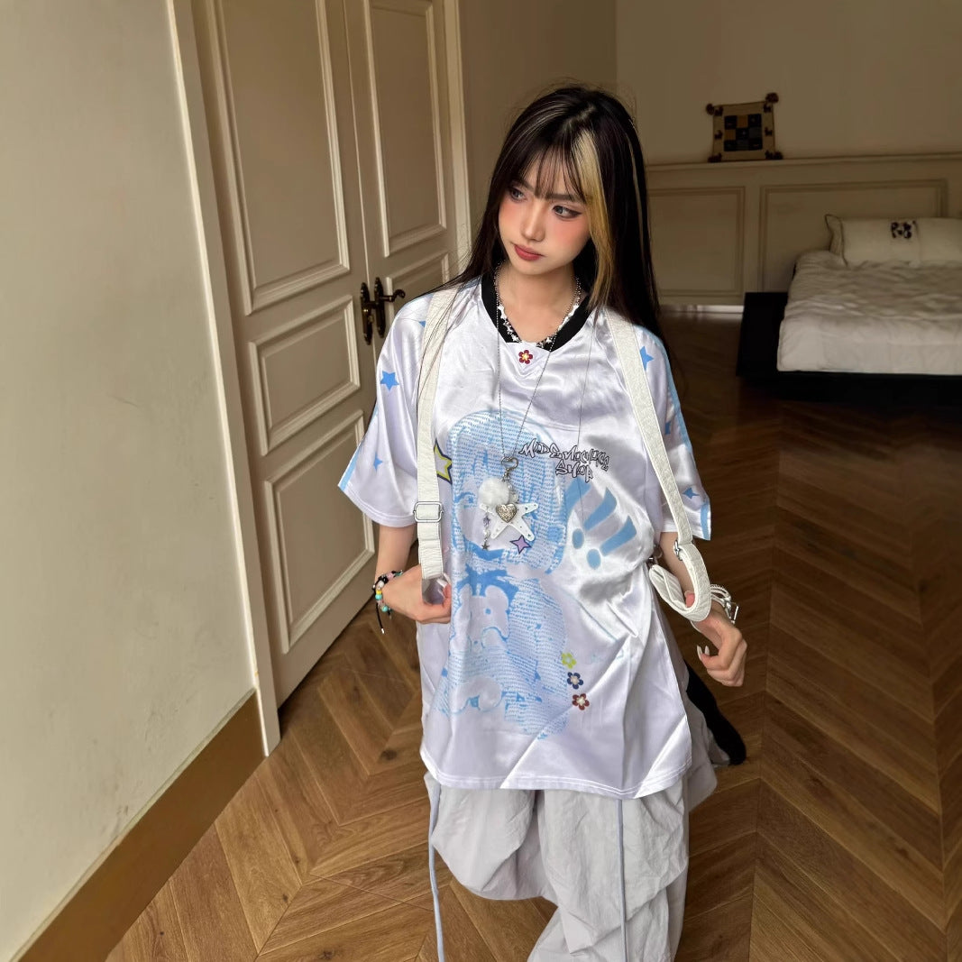 Cartoon Girl Jersey Short Sleeve Women's Summer Y2K Printed Loose T-Shirt Stitched V-Neck Casual Niche Top