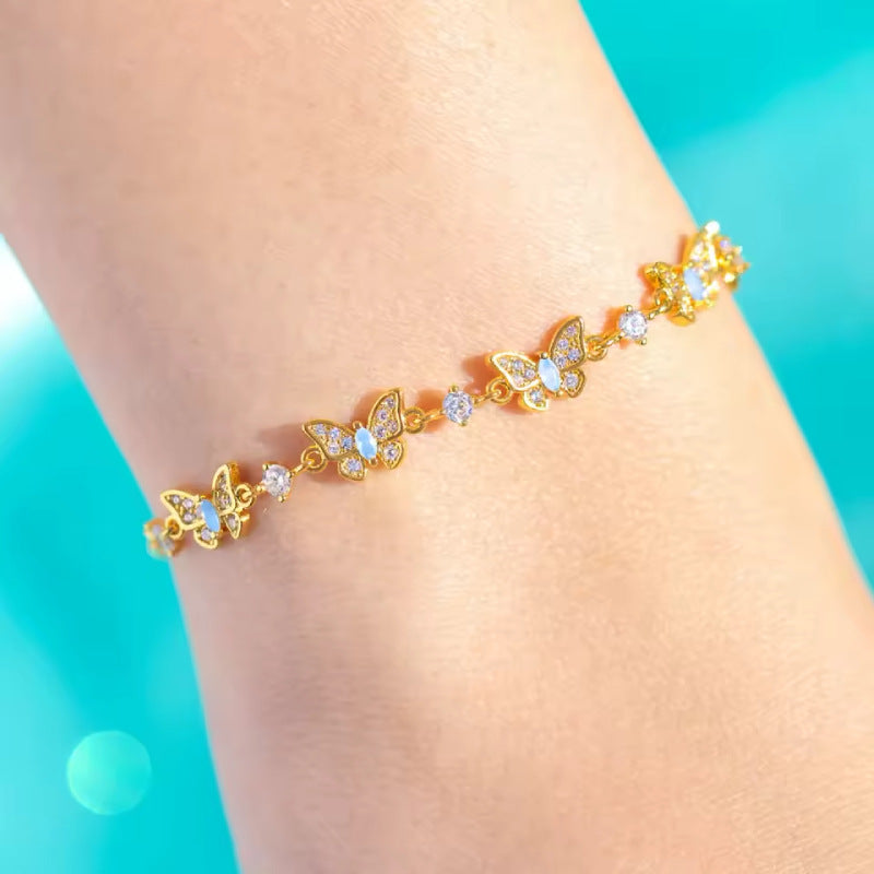 Cute sweet bracelet love zircon butterfly festival plated 18K real gold