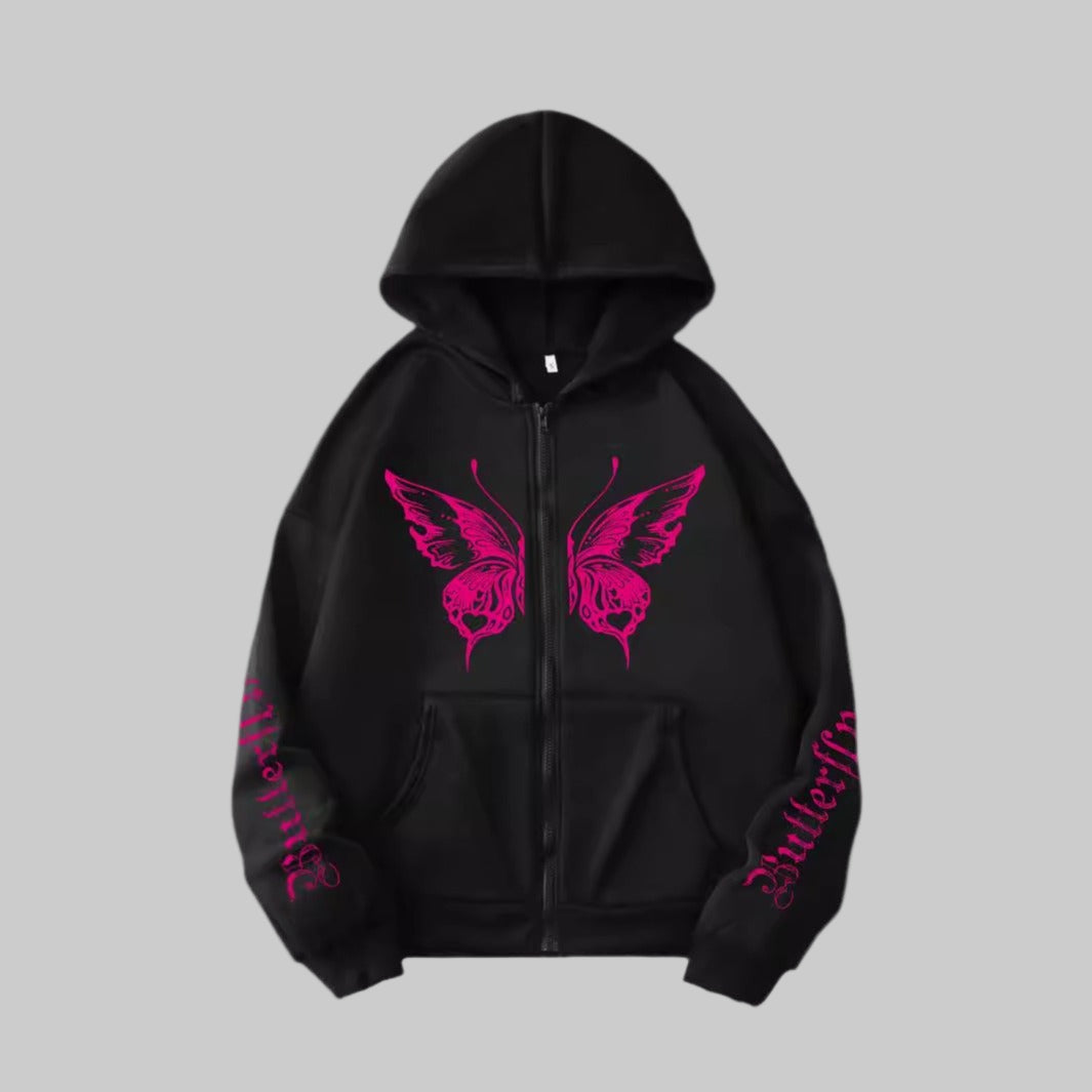Fleece thickened Y2K butterfly print loose pockets hooded zipper women's sweatshirt jacket