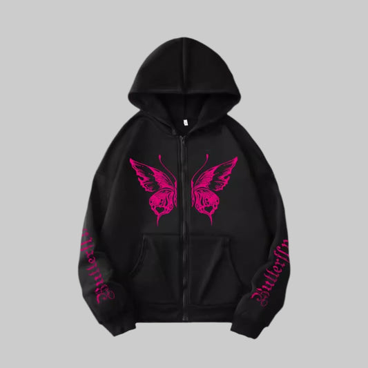 Fleece thickened Y2K butterfly print loose pockets hooded zipper women's sweatshirt jacket
