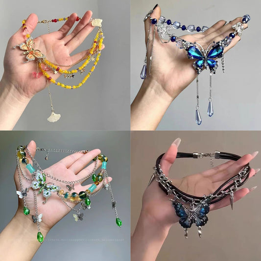 Y2K Cute Summer new butterfly tassel beaded necklace female girl sweet cool style collarbone chain