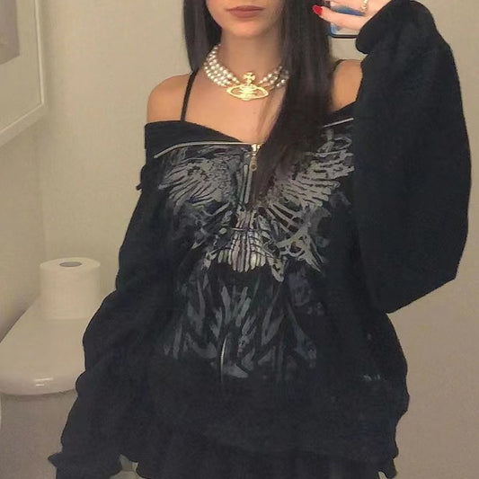 Dark print sweatshirt women's street tide sexy hottie velvet hoodie loose and versatile Y2K retro zipper sweatshirt