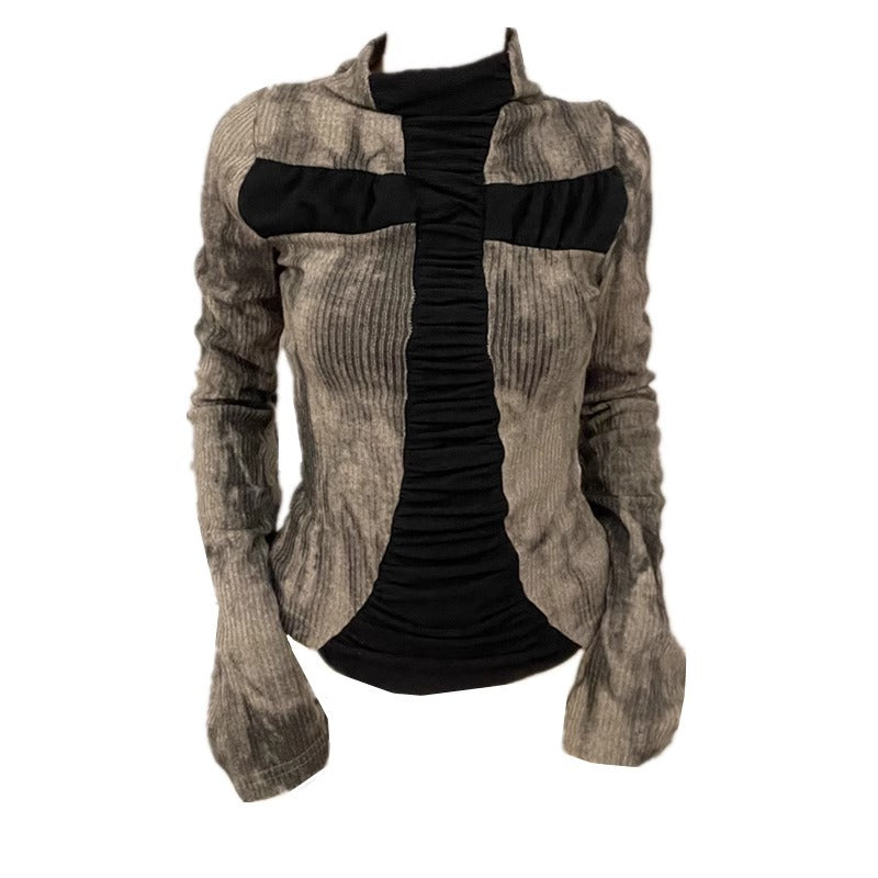 Spring and Autumn Women's New Y2K Babes Millennial Retro Punk Cross Contrast Stitch Long Sleeve T-Shirt Top