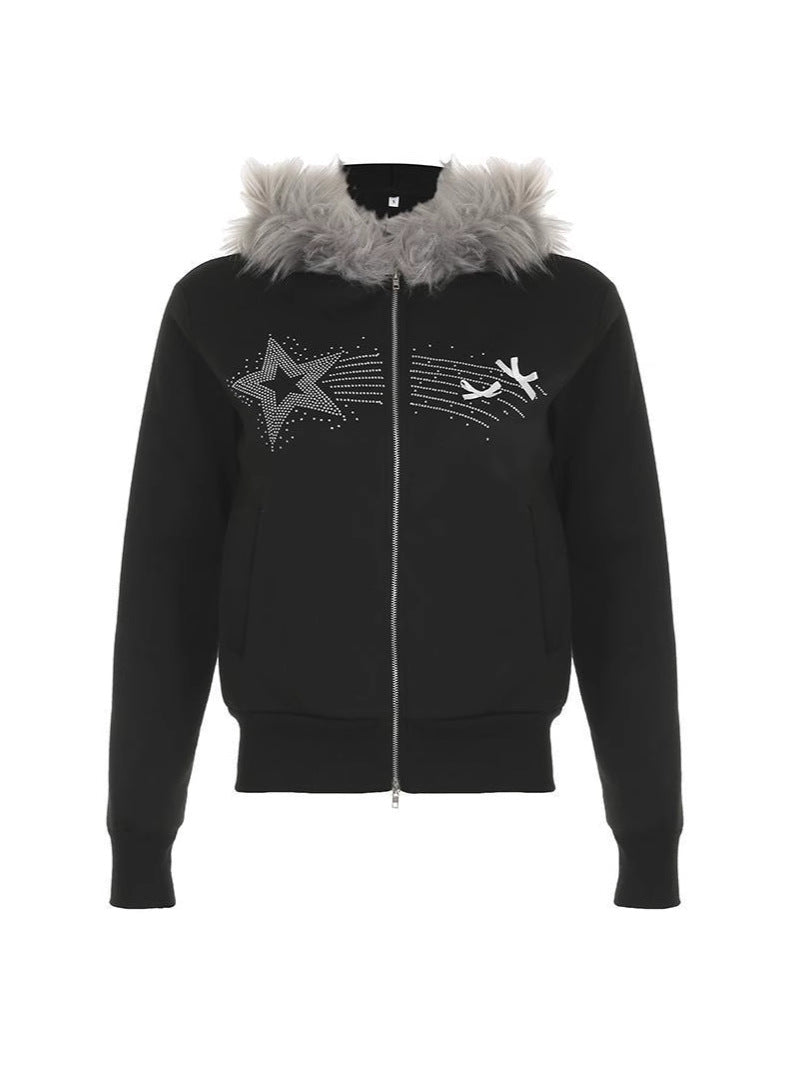 Diamond fur collar dual zip hoodie