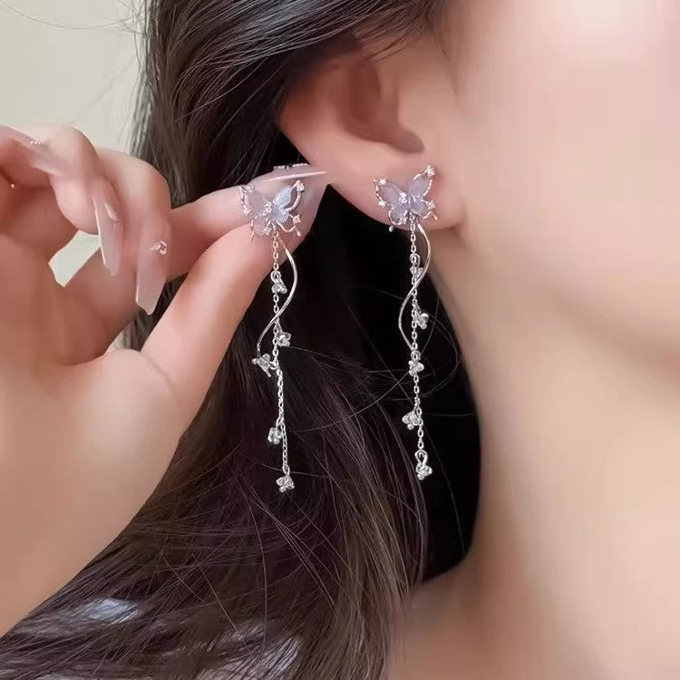 925 silver needle purple butterfly earrings